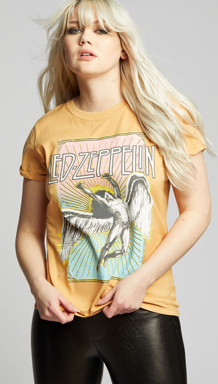 Yellow Led Zeppelin t-shirt.
