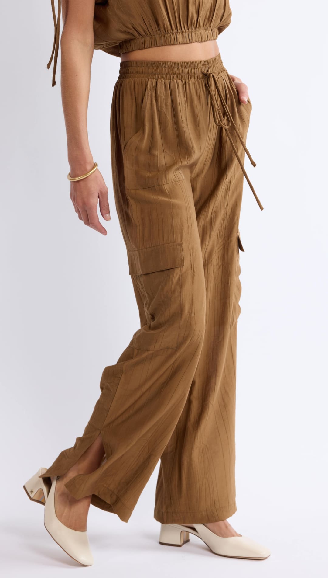 Brown drawstring cargo pants.