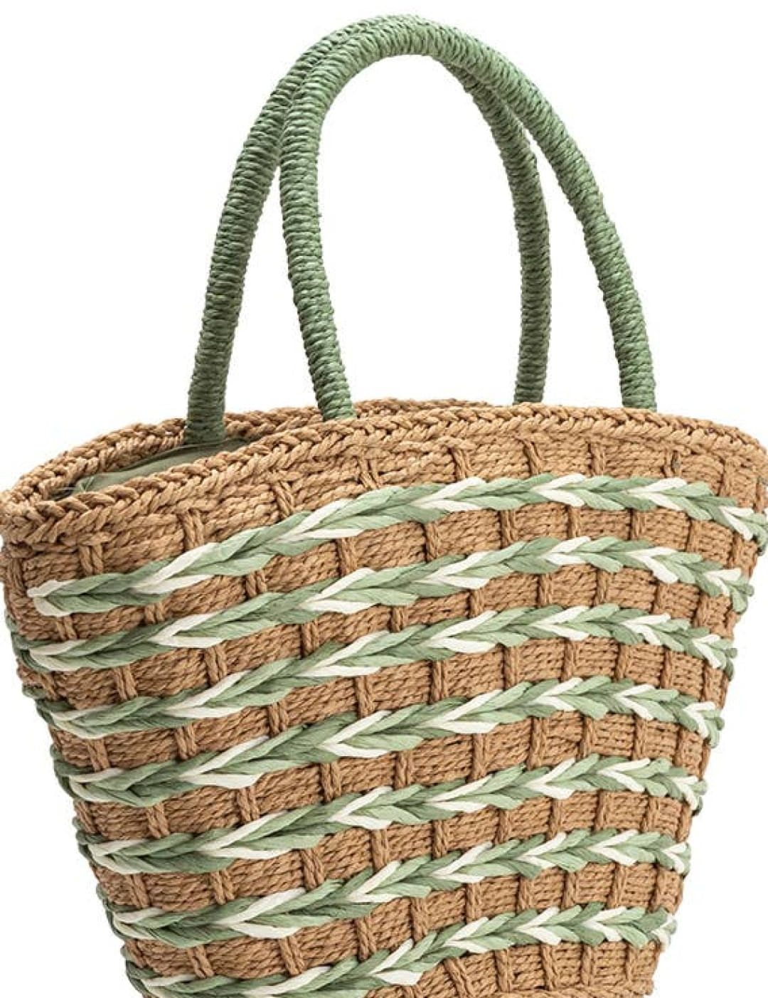 A woven tote bag with a natural brown base and horizontal stripes of light green and off-white, featuring sturdy handles in matching green.