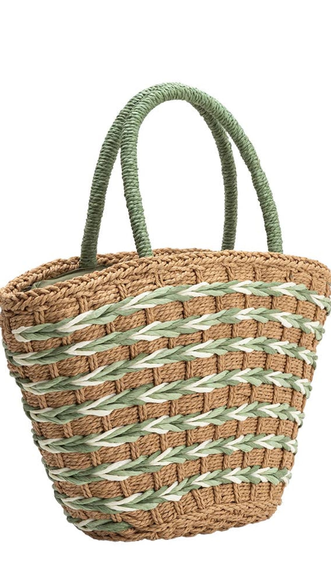 A woven tote bag with a natural brown base and horizontal stripes of light green and off-white, featuring sturdy handles in matching green.