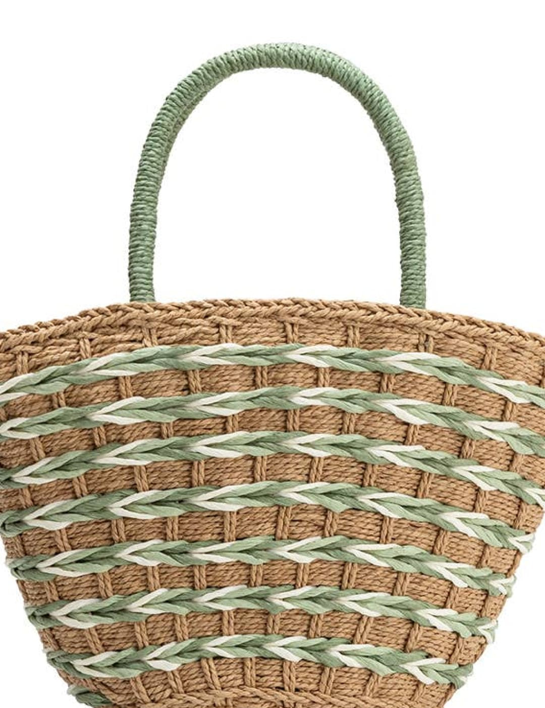 A woven straw tote bag with horizontal stripes of sage green and off-white, featuring a matching sage green handle.