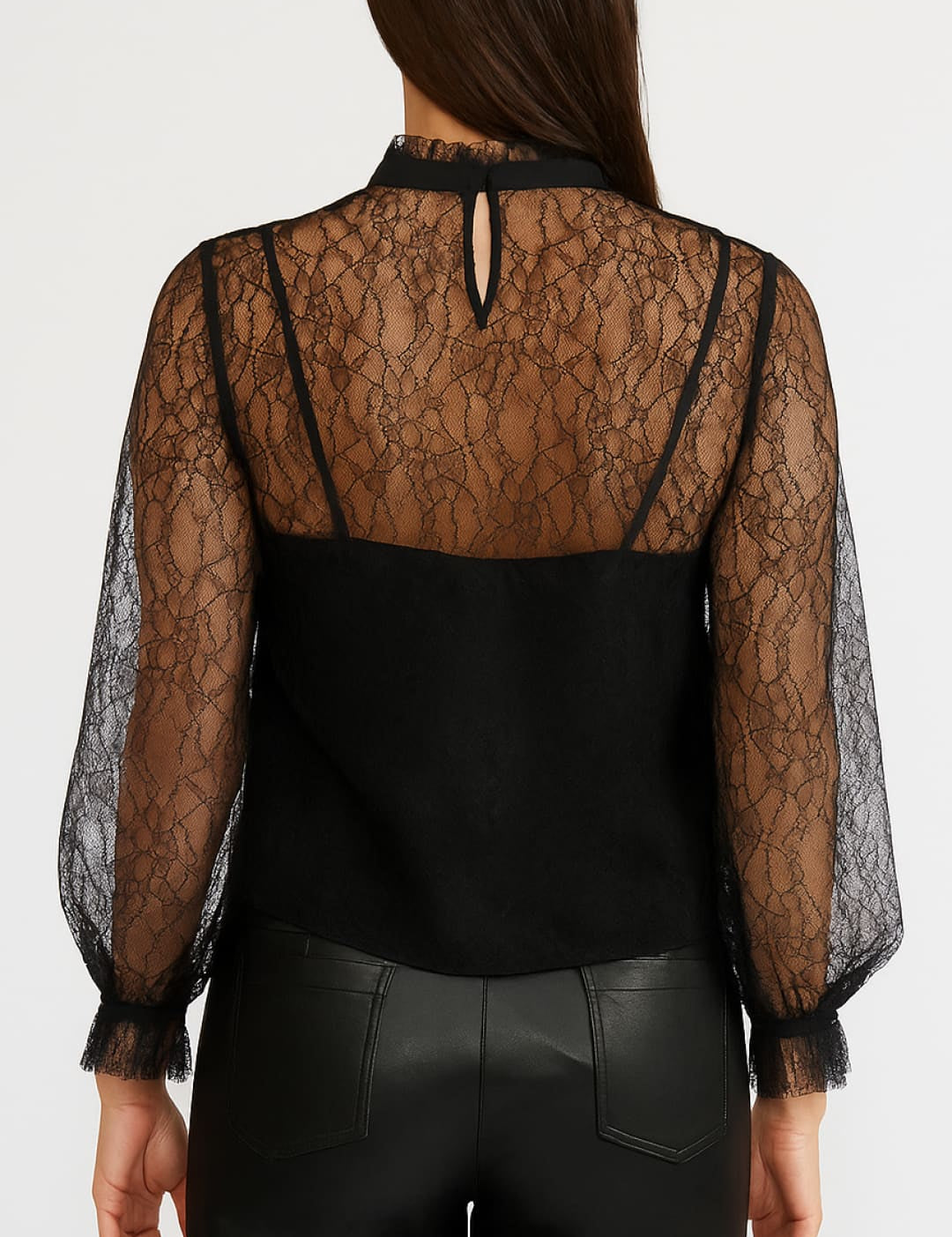 Black lace blouse with sheer sleeves and a high neckline.