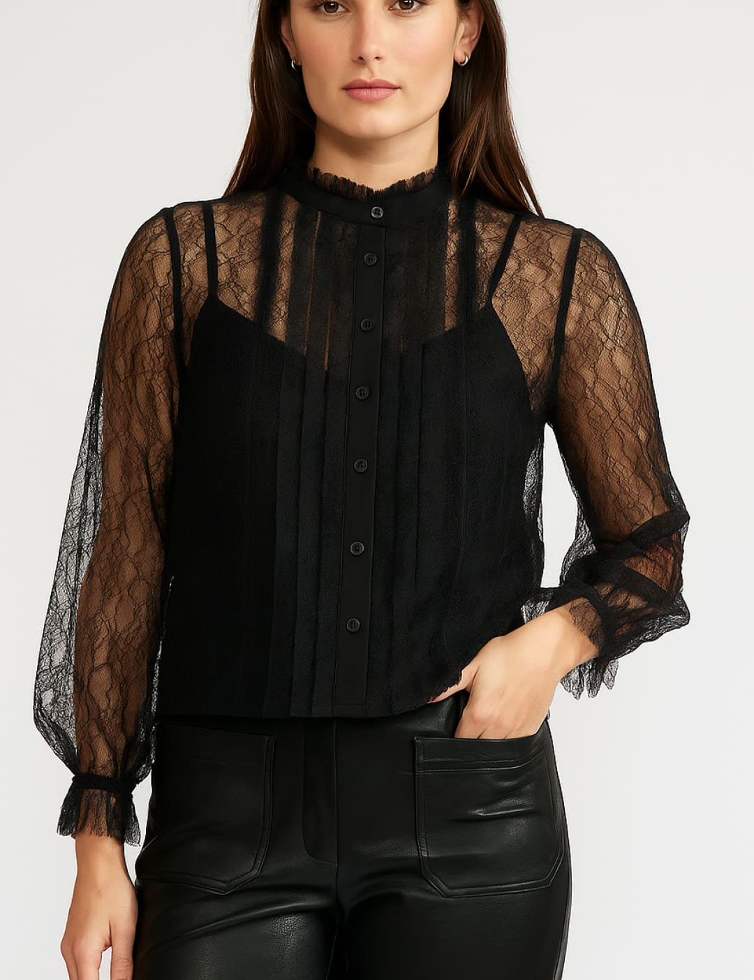 Black lace blouse with sheer sleeves and button-down front.