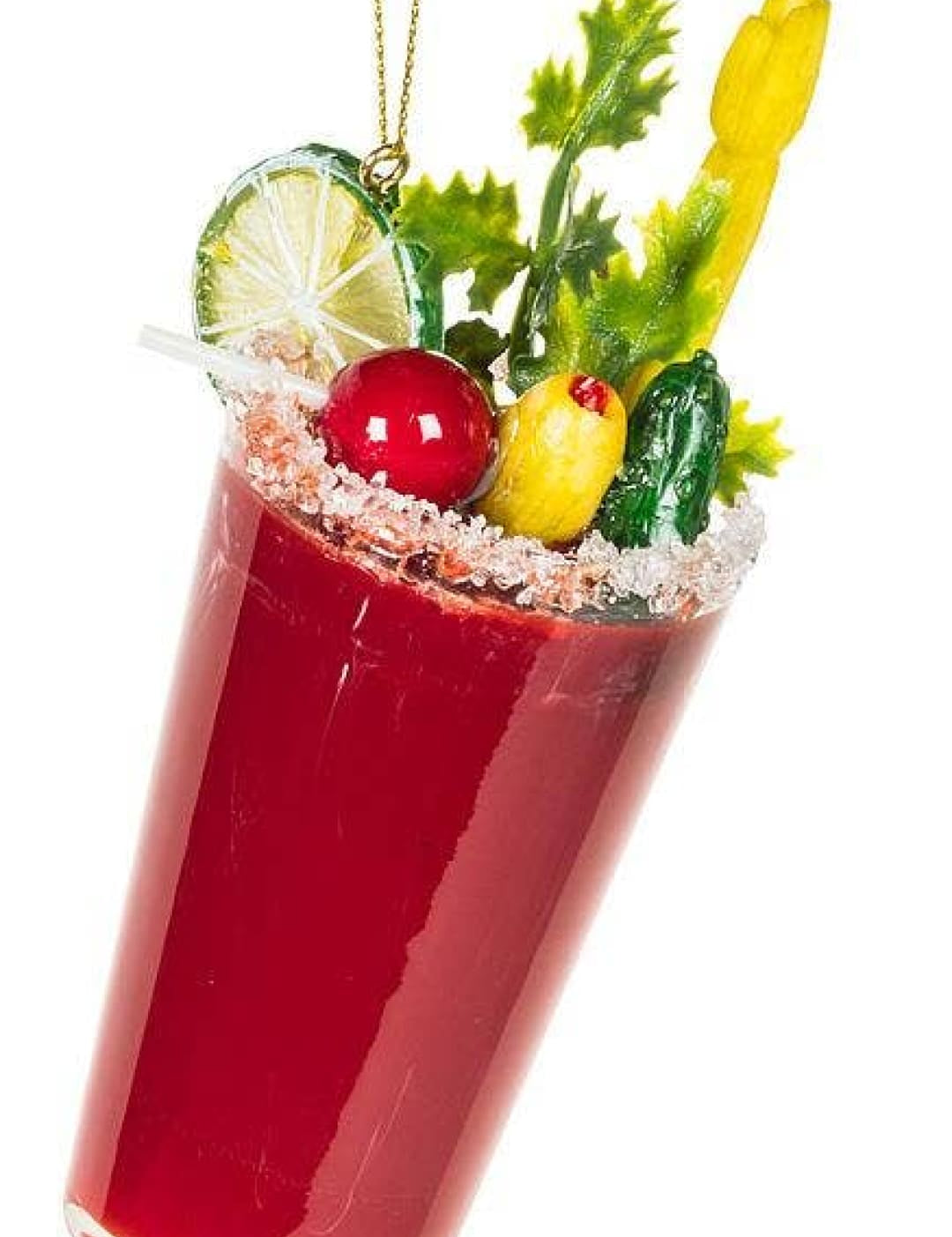Red bloody mary cocktail ornament with garnishes and salt rim, hanging by a gold loop.