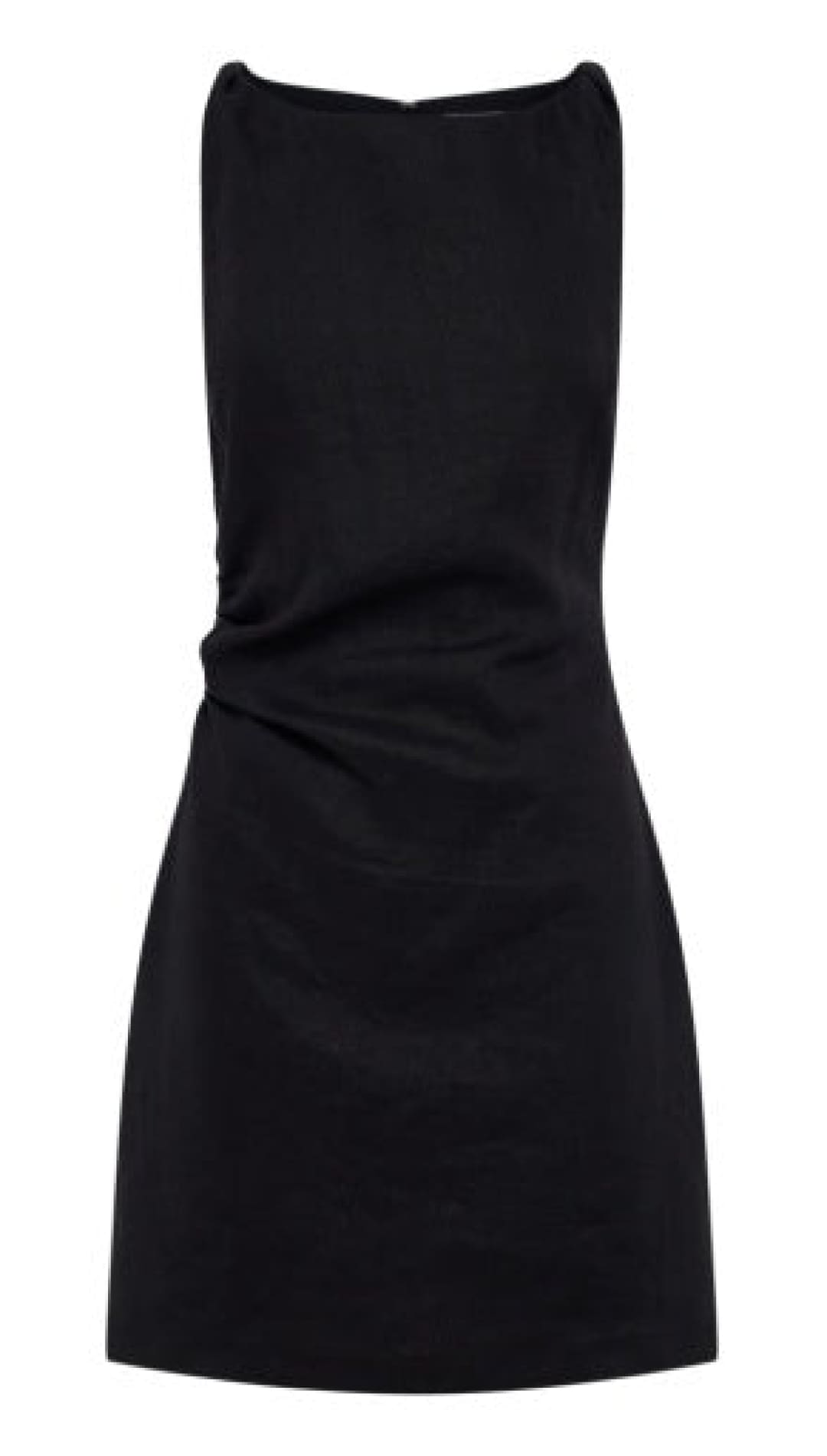 Black sleeveless mini dress with a fitted silhouette and subtle ruching at the waist.