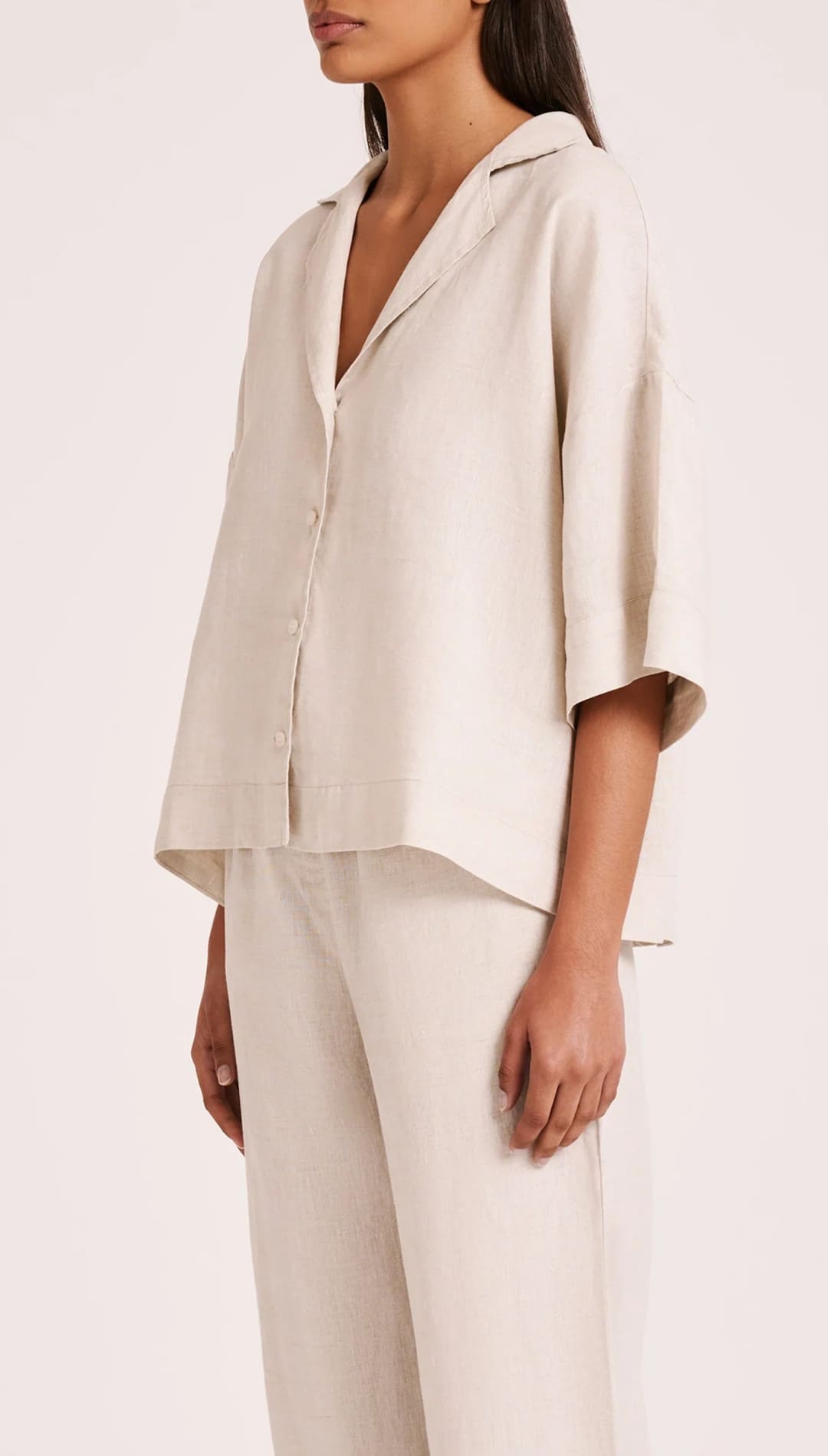 Beige linen pajama set.