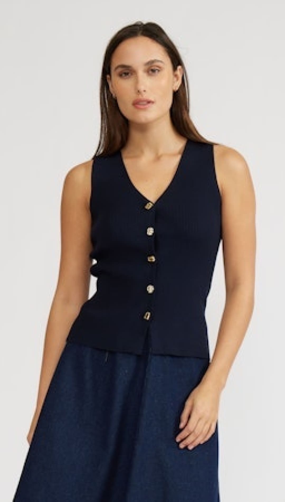 Navy blue sleeveless button-up knit top with a V-neck.