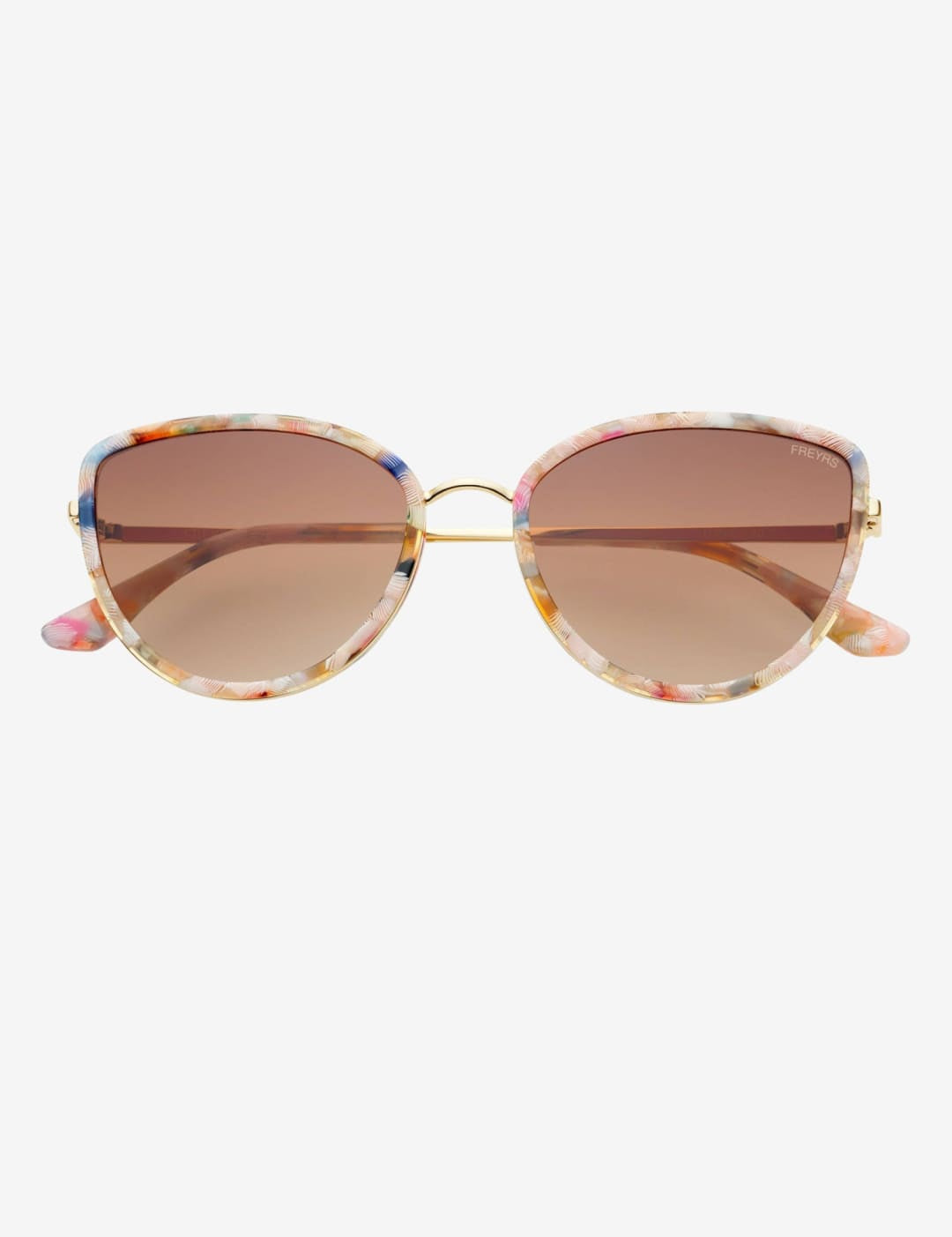 Cat-eye sunglasses with a colorful, speckled acetate frame and gold-tone metal detailing.