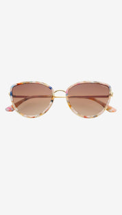 Cat-eye sunglasses with a colorful, speckled acetate frame and gold-tone metal detailing.