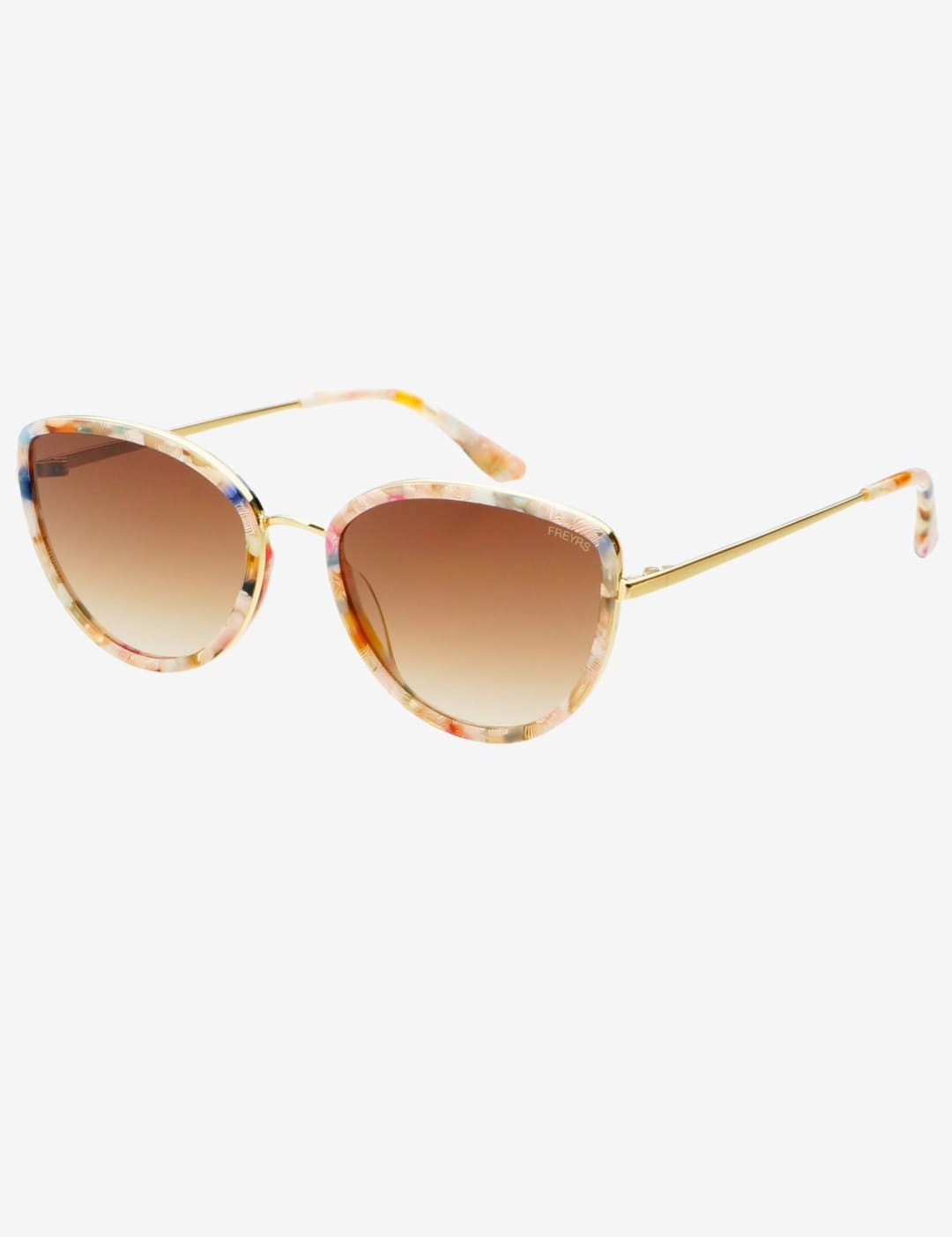 Cat-eye sunglasses with tortoiseshell-patterned frames and gold-tone metal arms, featuring gradient brown lenses.