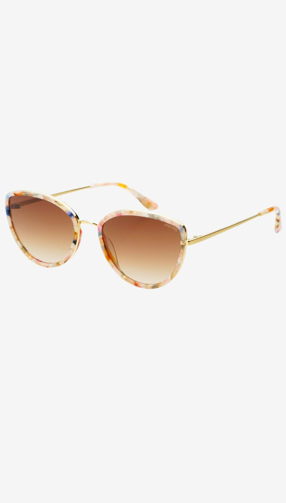 Cat-eye sunglasses with tortoiseshell-patterned frames and gold-tone metal arms, featuring gradient brown lenses.