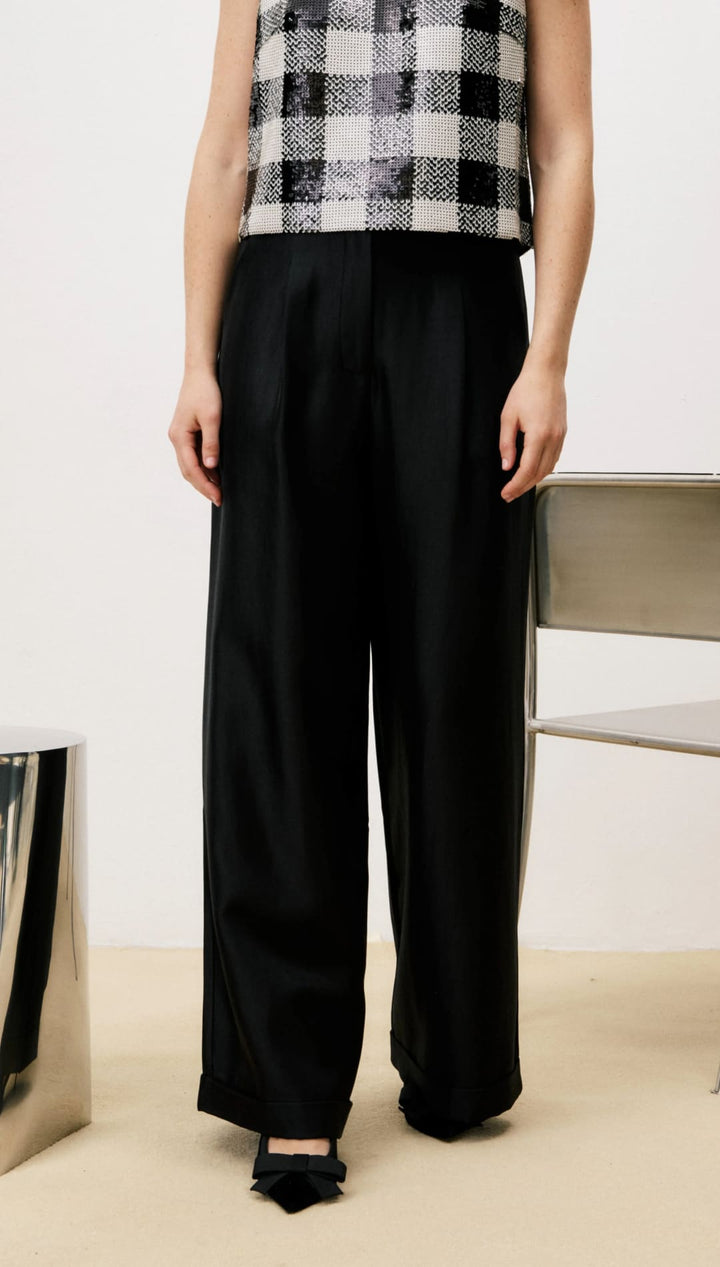 Black wide-leg pants with a high waist and straight leg design.