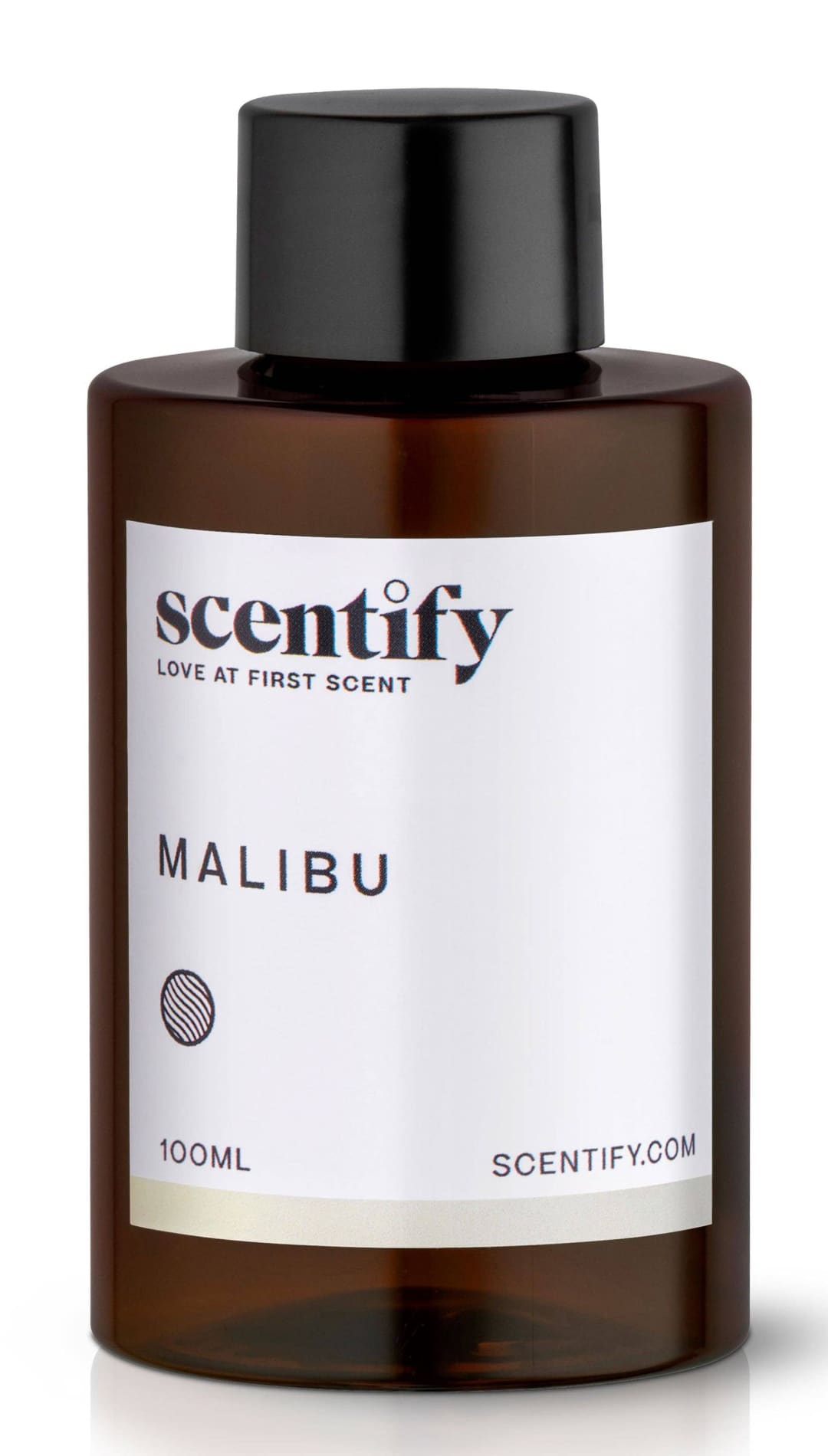 Brown bottle of Scentify Malibu fragrance with a black cap.