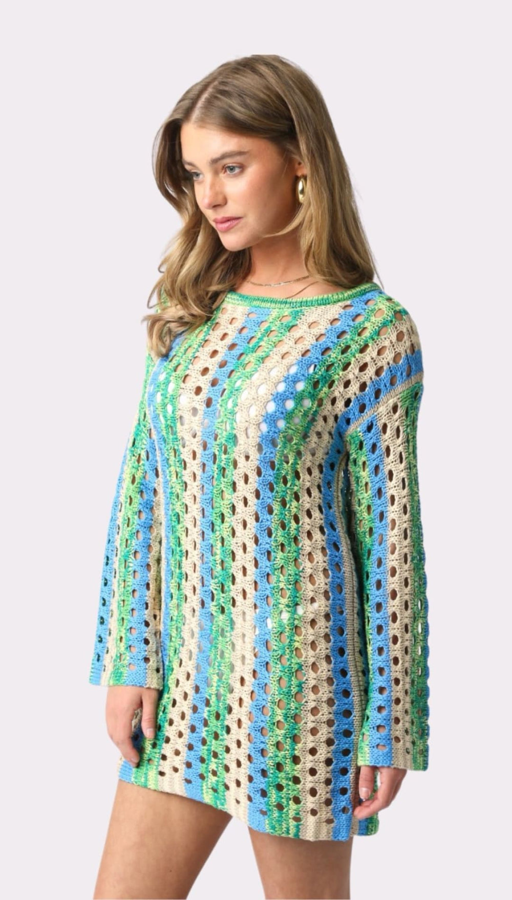 Crocheted mini dress with blue, green, and beige stripes.
