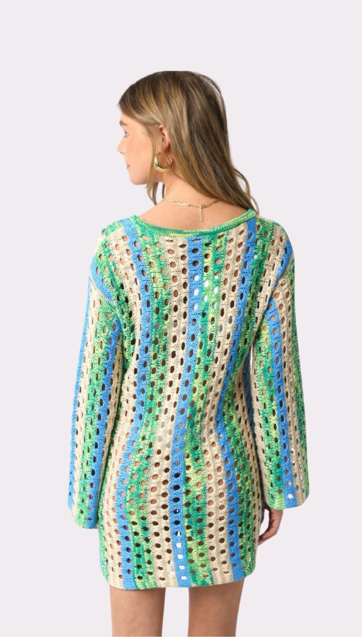 Striped, open-knit mini dress.