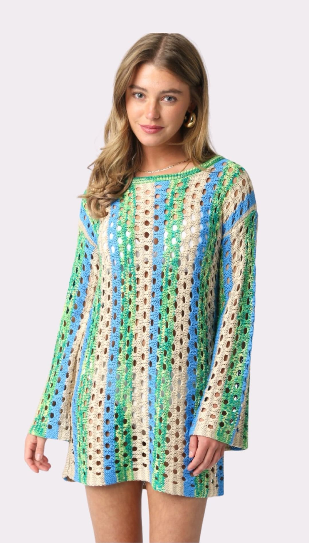 Striped, open-knit sweater dress.