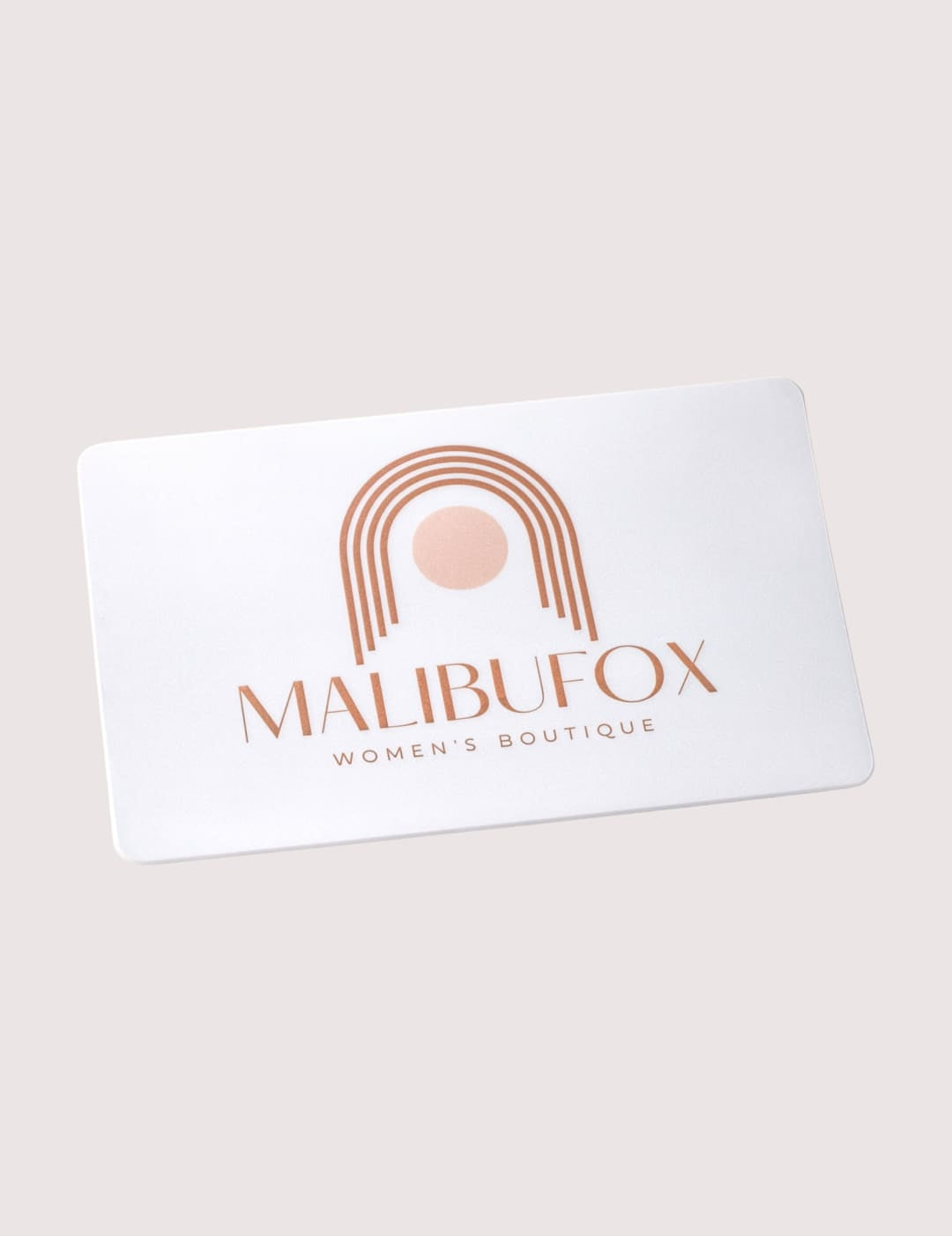 Malibu fox gift card with rose gold and white design.