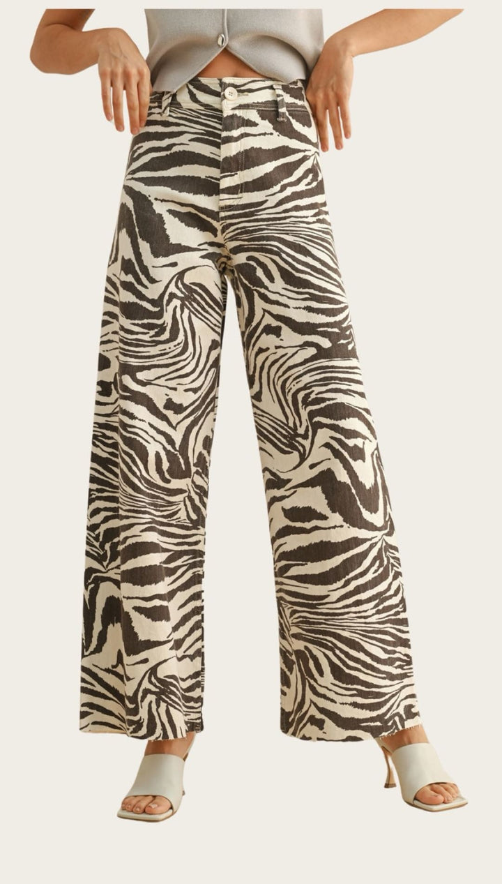 Zebra-striped wide-leg pants.