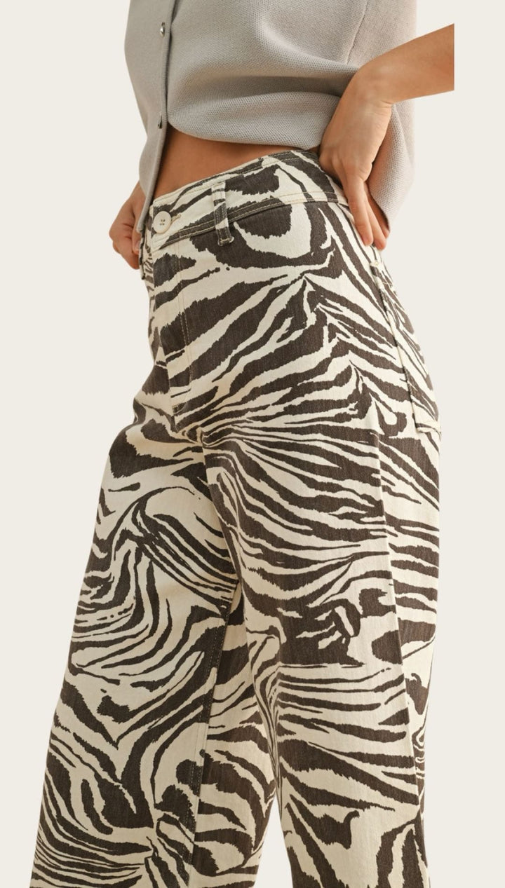 Zebra-striped wide-leg pants.