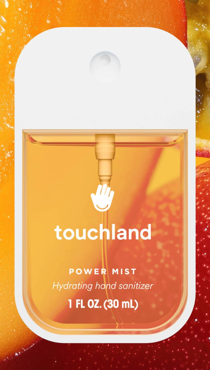 Touchland power mist hydrating hand sanitizer in a clear plastic bottle with an orange liquid, featuring a white label and pump dispenser.