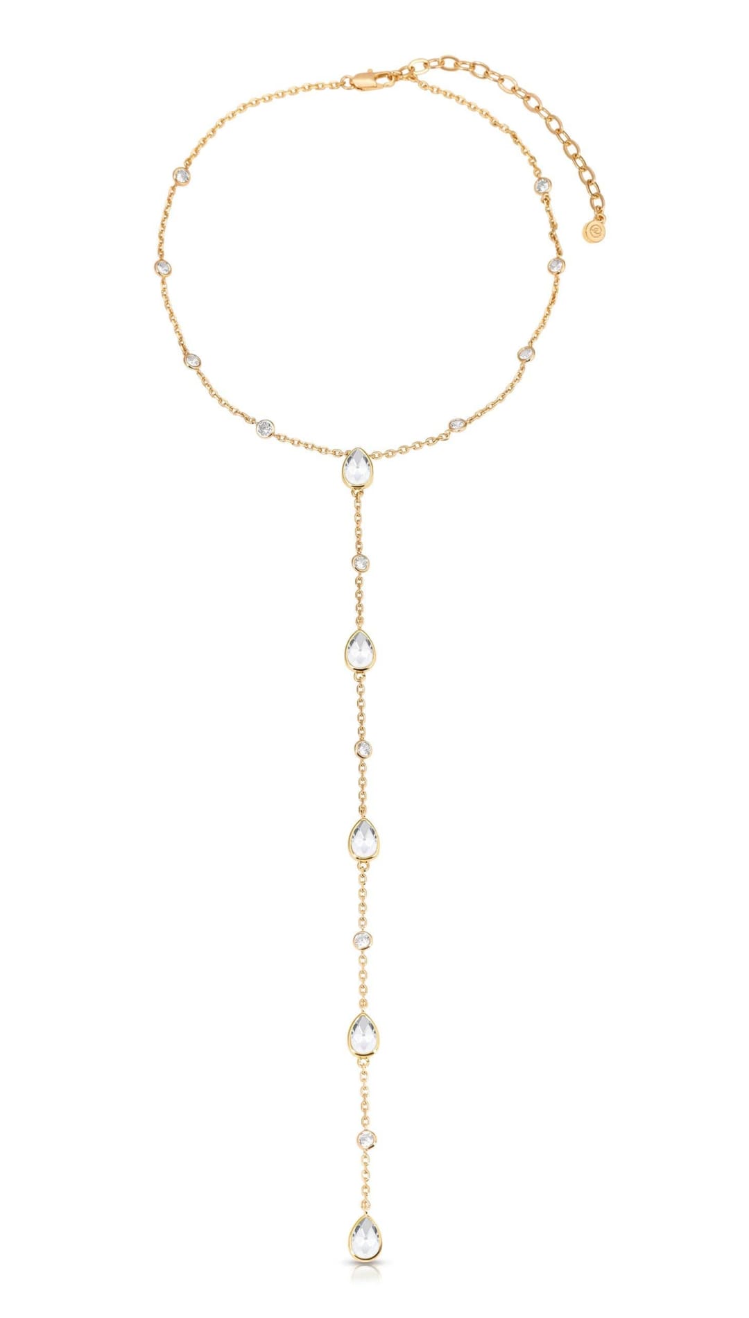 Gold-toned necklace with teardrop and round crystals.