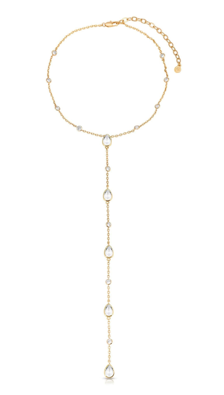 Gold-toned necklace with teardrop and round crystals.