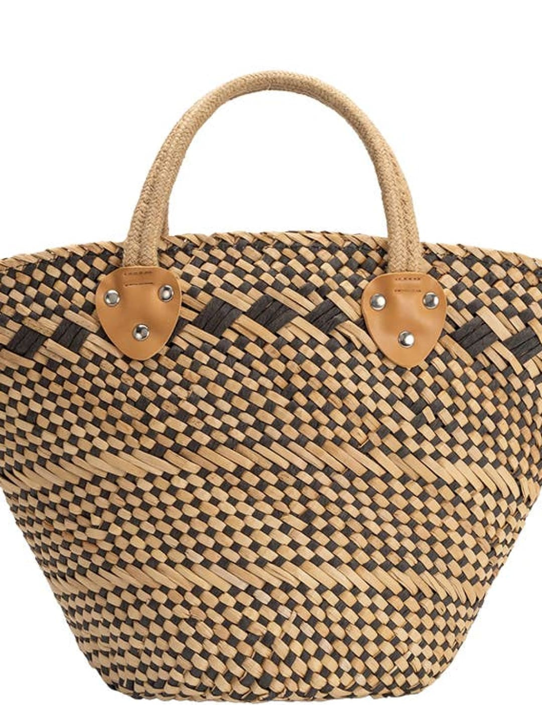 Beige and black woven straw tote bag with tan leather handles and accents.