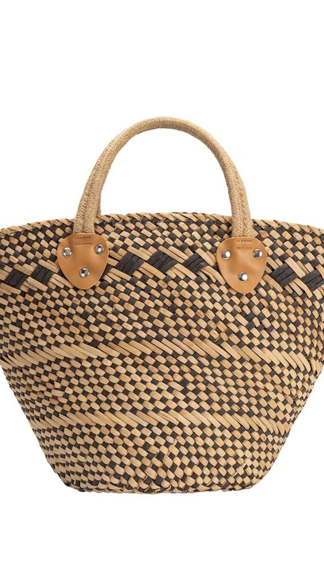 Beige and black woven straw tote bag with tan leather handles and accents.
