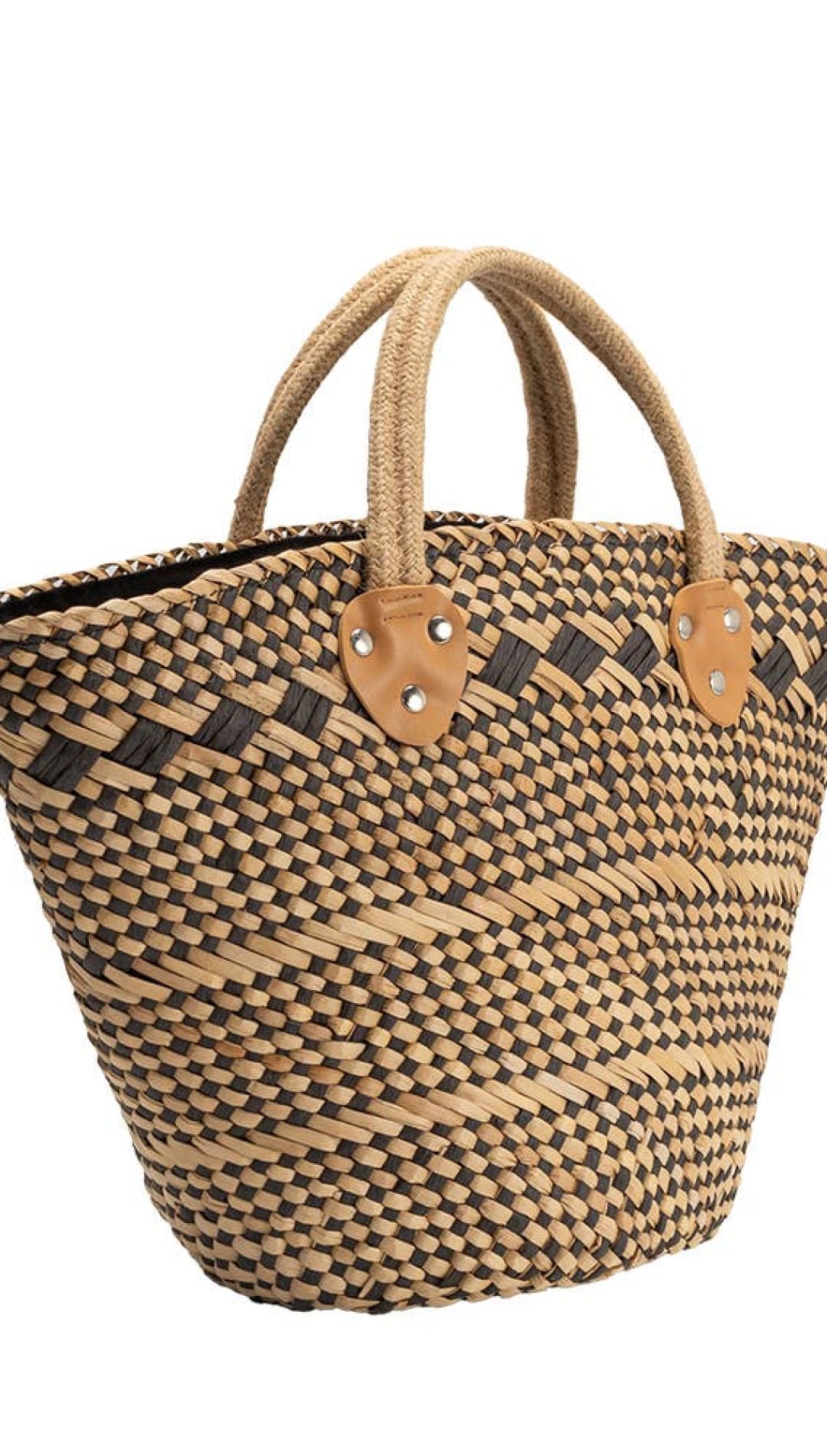 A woven straw tote bag with natural and dark brown stripes, featuring tan leather handles and accents.
