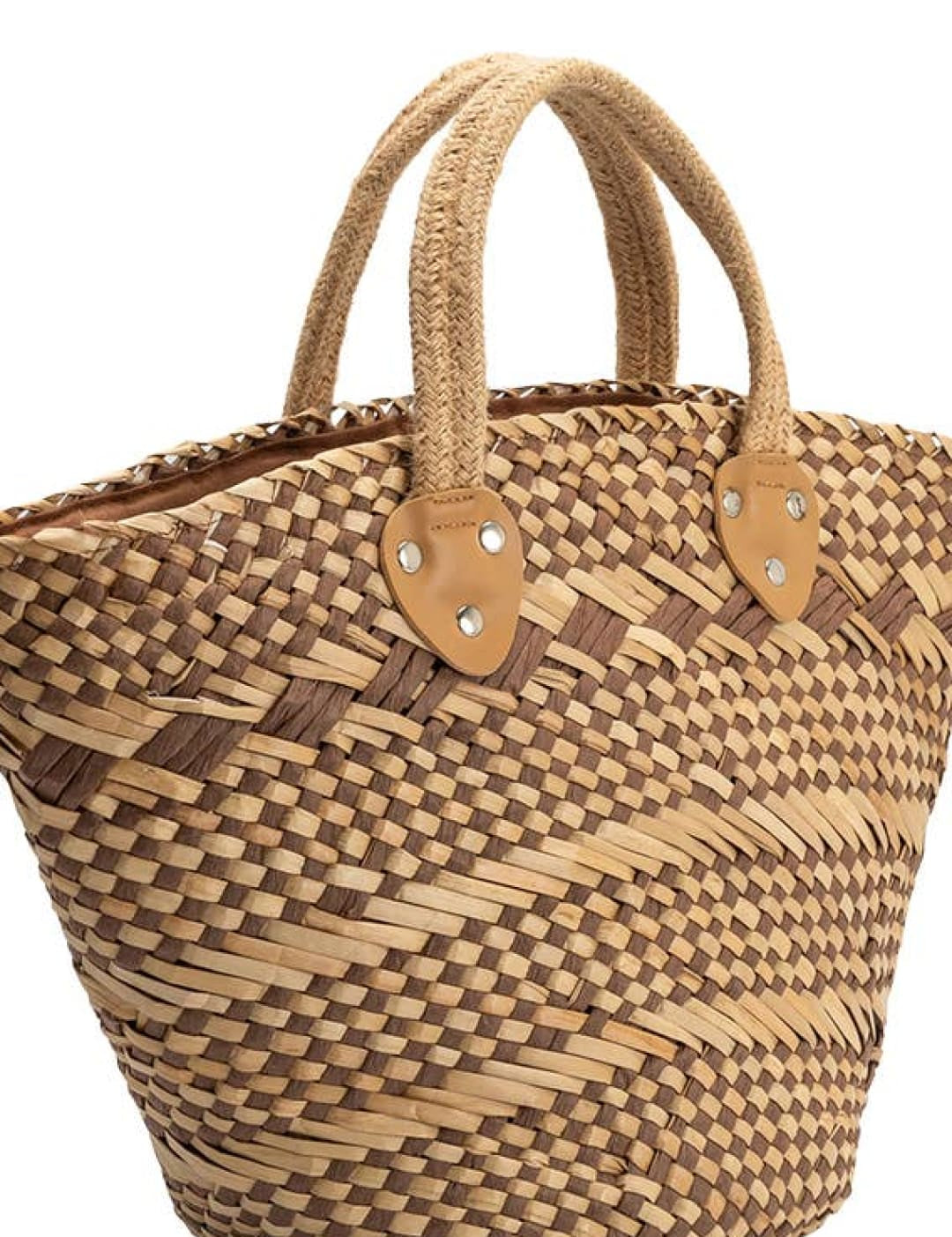 Beige woven straw tote bag with natural leather handles and tan leather accents.