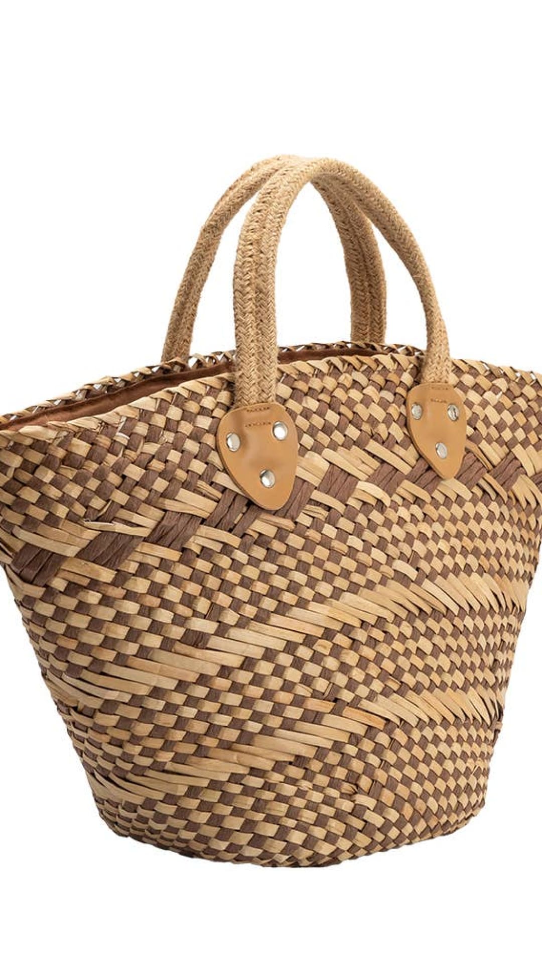 Beige woven straw tote bag with natural leather handles and tan leather accents.