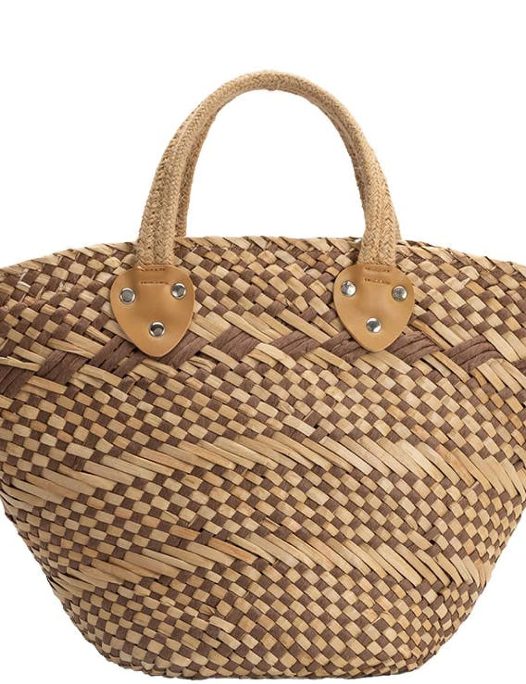 A woven straw tote bag with a natural tan and brown checkered pattern, featuring sturdy handles attached by leather patches.