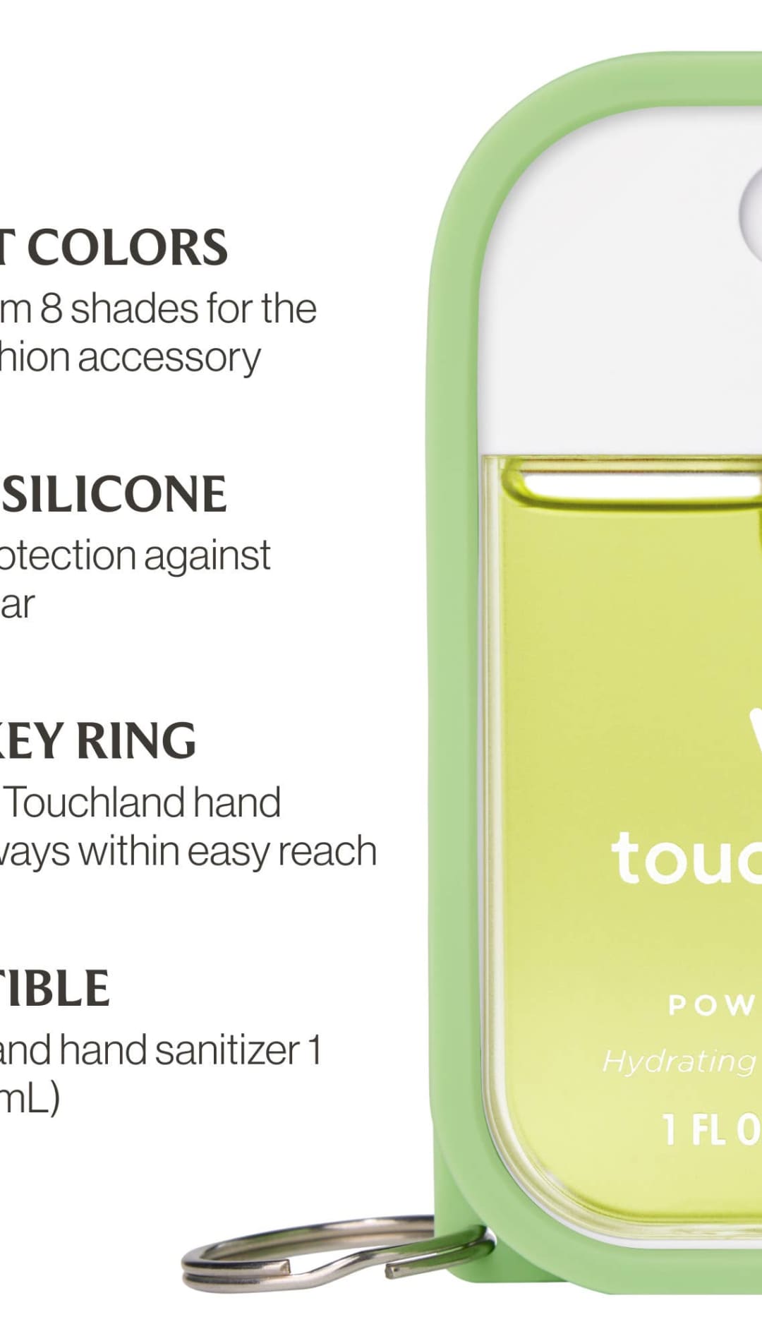 Touchland power mist hand sanitizer dispenser with vibrant green and white accents, rubber silicone cover for durability.