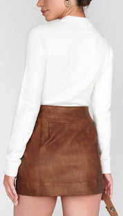 Brown leather mini skirt.