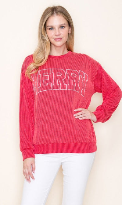 Merry Ribbed Round Neck L/S Graphic Sweatshirt - Shirts & Tops