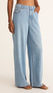 Light blue wide-leg jeans.