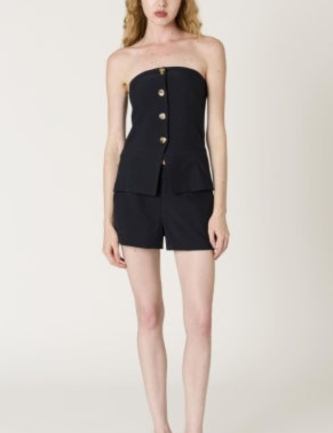 Black strapless corset top with button detailing and matching shorts