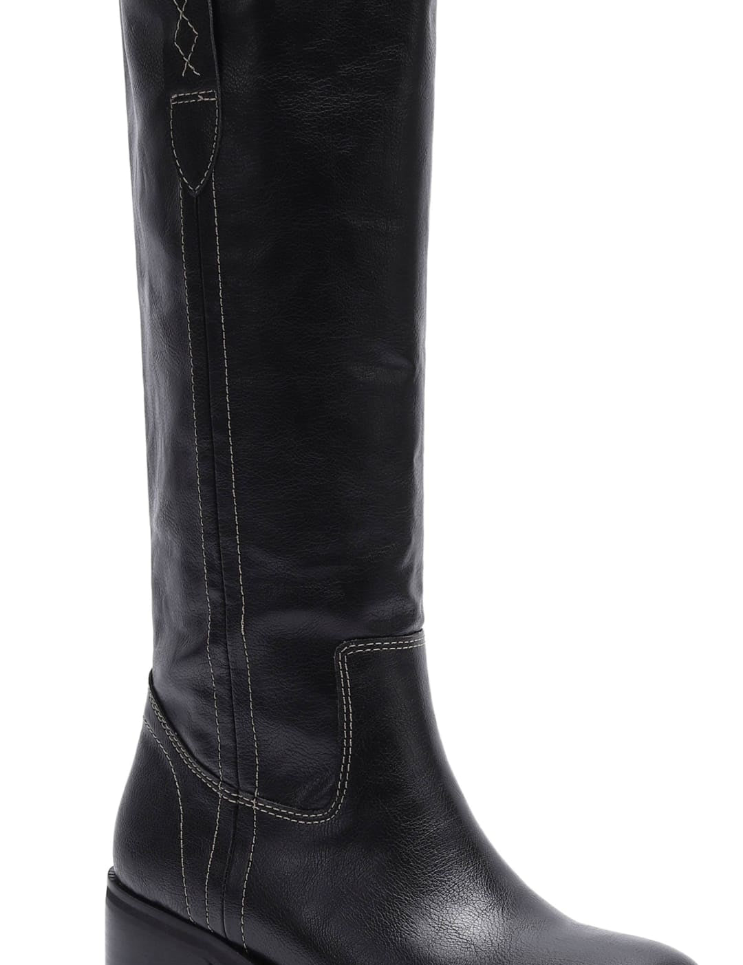 Black leather knee-high boots with white stitching and a block heel.