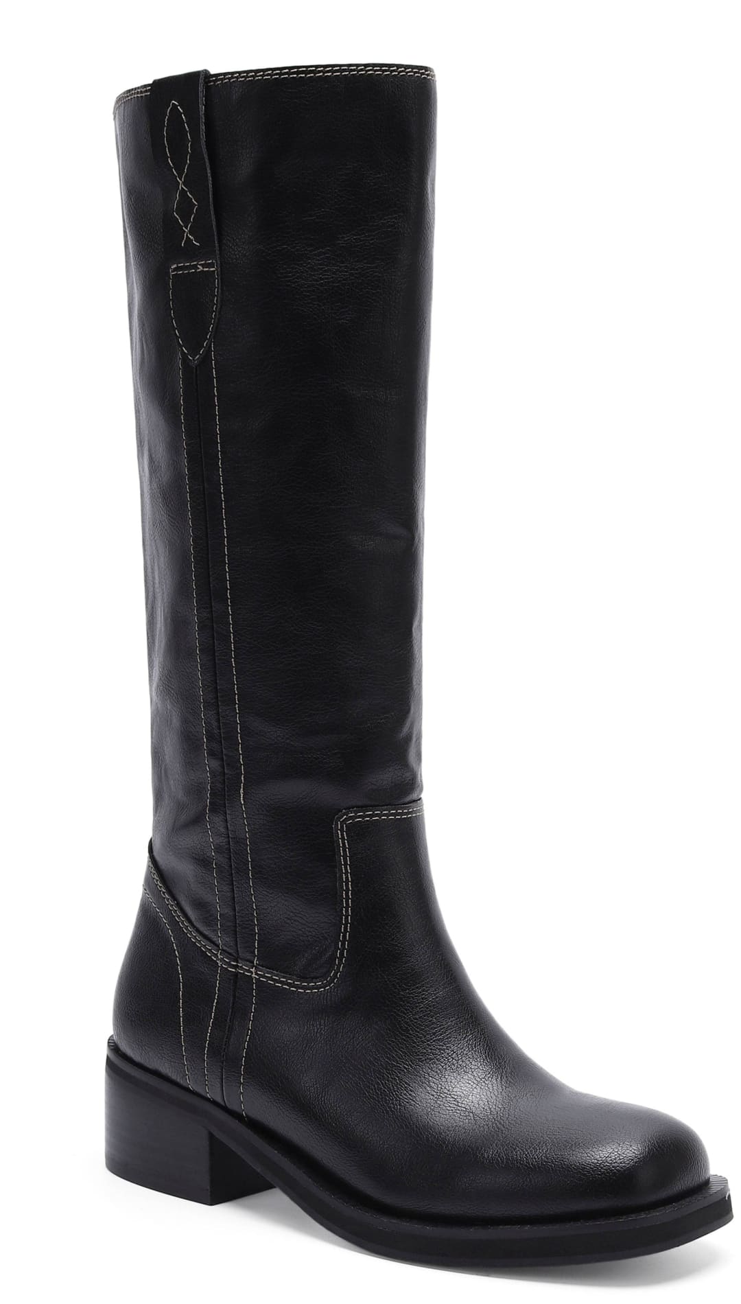 Black leather knee-high boots with white stitching and a block heel.