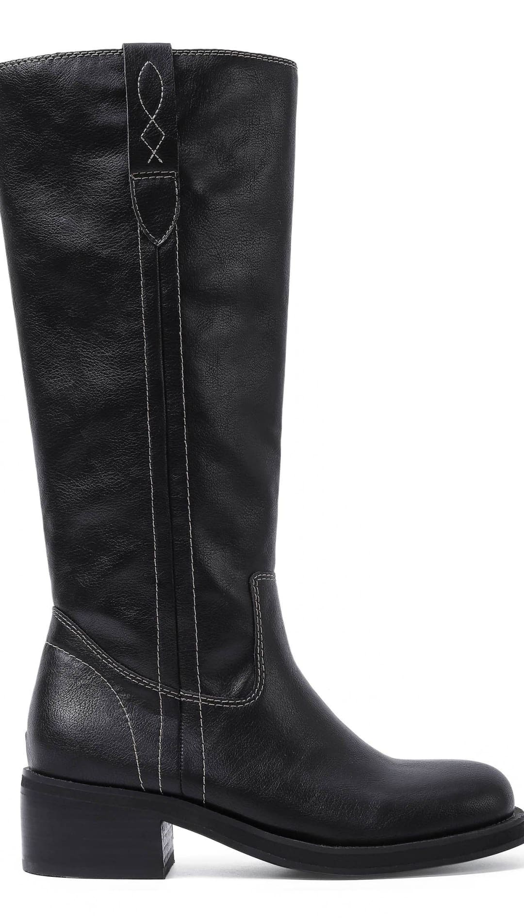 Black leather knee-high boots with white stitching and a block heel.