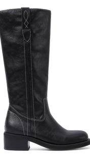 Black leather knee-high boots with white stitching and a block heel.