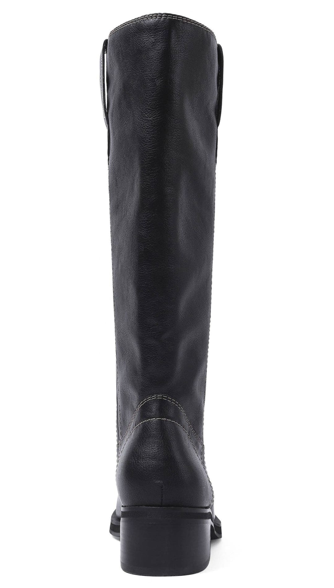 A single black leather knee-high boot with a low heel.