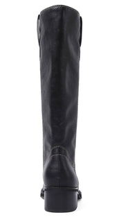 A single black leather knee-high boot with a low heel.