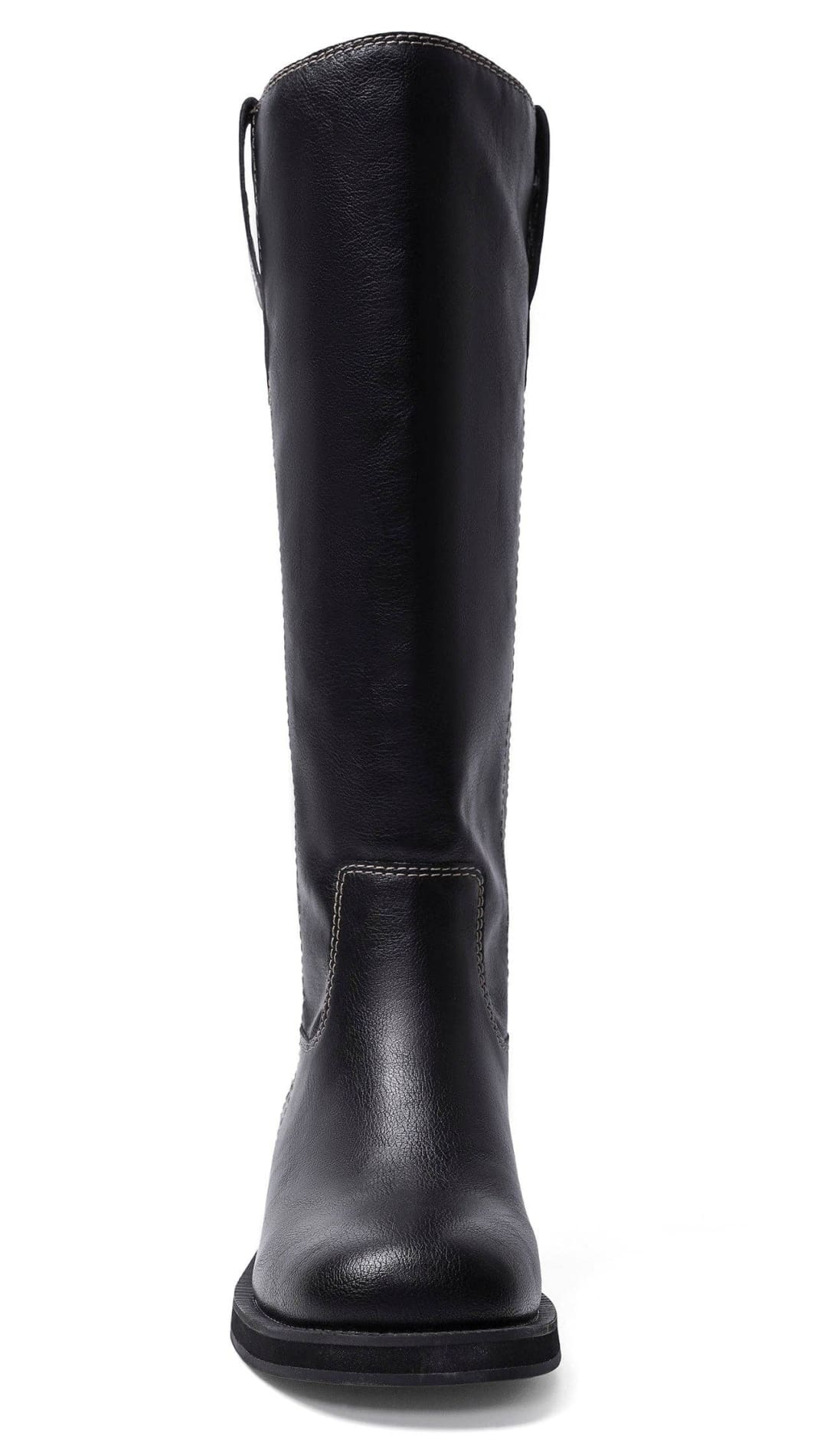 A single black leather knee-high boot with a thick sole.