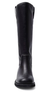 A single black leather knee-high boot with a thick sole.