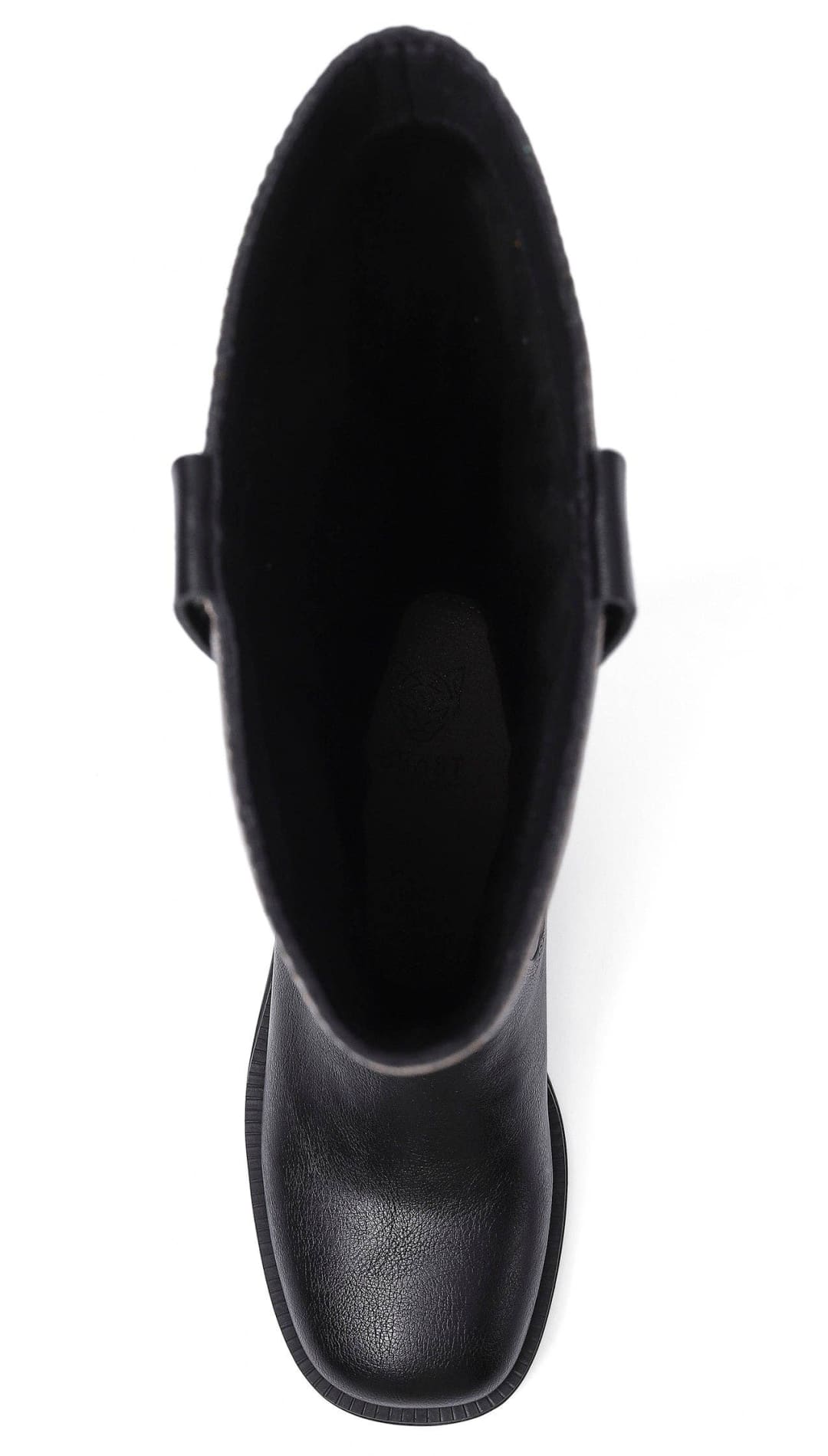 A single black leather knee-high boot with a square toe.