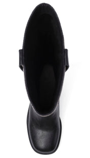 A single black leather knee-high boot with a square toe.