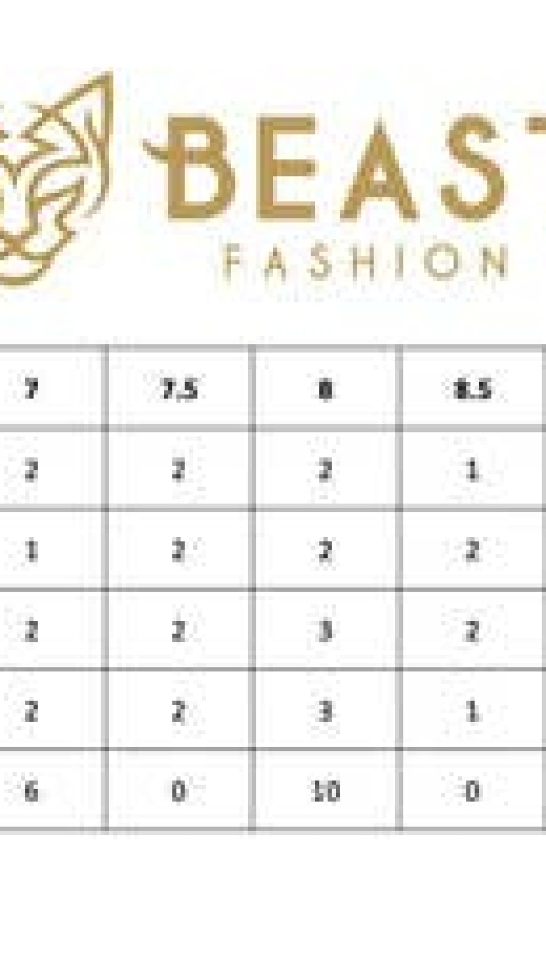 A table of inventory for a fashion brand, detailing quantities of items by size.