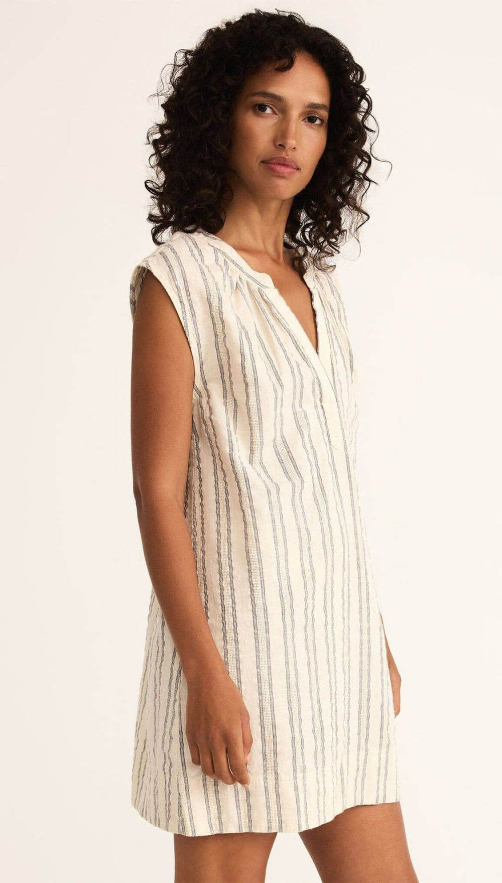 Striped, sleeveless, v-neck dress.