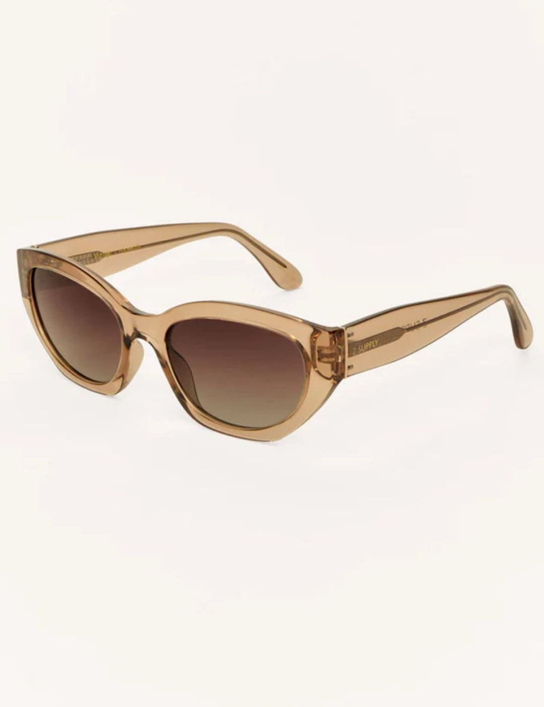 Brown-tinted cat-eye sunglasses.